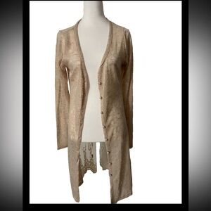 a’reve Beige Boho Embroidered Cardigan Sheer Back Covered Buttons
